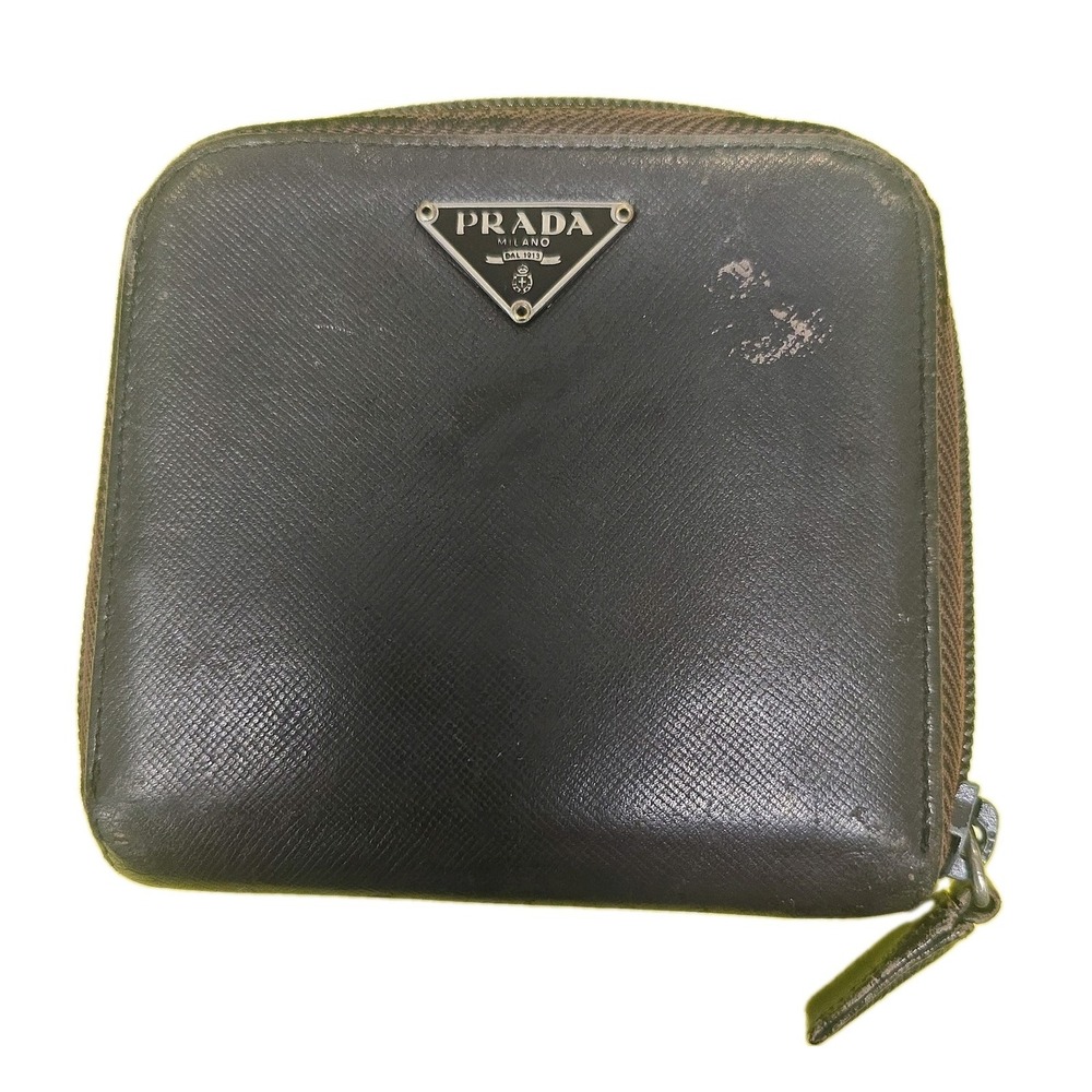 Prada Saffiano Leather Bifold Zip Coin Wallet Brown Triangle Logo Made Italy